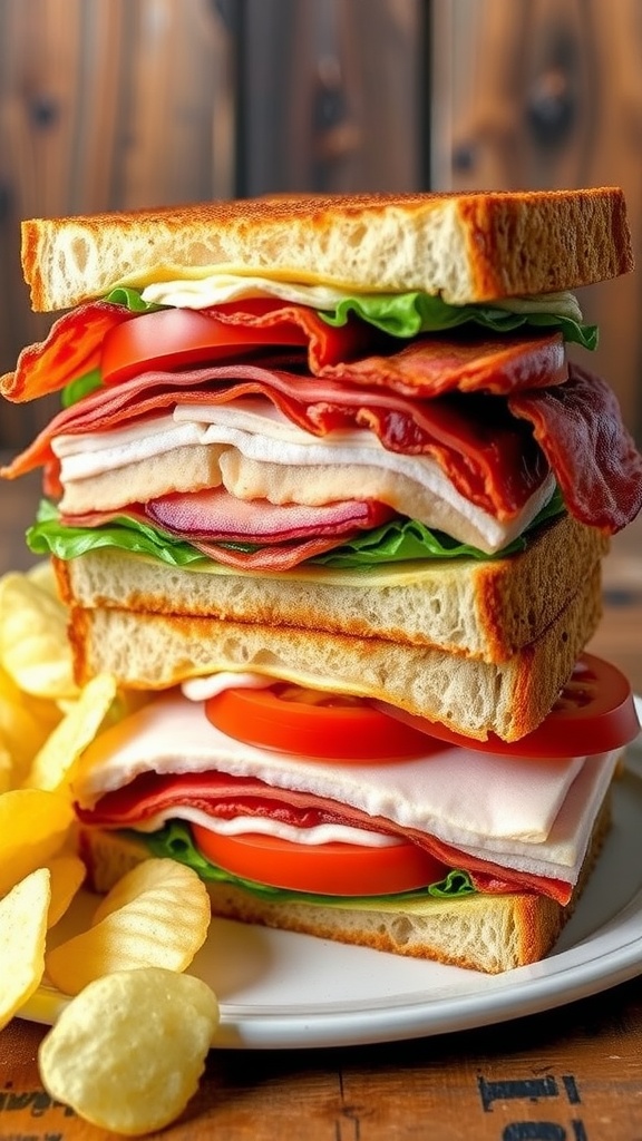 A delicious club sandwich stacked with bacon, turkey, lettuce, and tomato, served with potato chips.